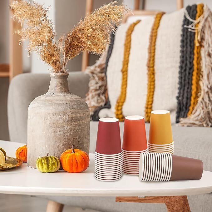 URATOT 60 Pieces 9 Ounce Disposable Paper Cups Autumn Color Party Cups Thanksgiving Fall Drinking Cups for Party, DIY, and Holiday, 4 Colors