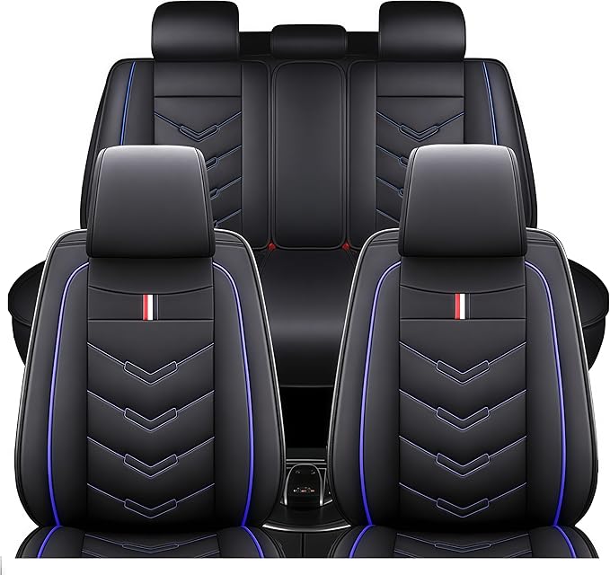 Leather Car Seat Covers Fit for LR Range Rover Evoque 2019-2025, 5 Seater Waterproof and Wear-Resistant Seat Cover Interior Accessories(Full Set,Black&Blue)