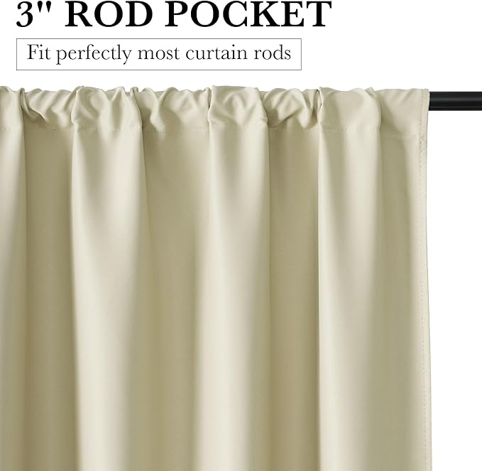 RYB HOME Bedroom Blackout Curtains 80 inches Long, 100% Blackout Thermal Insulated Noise Reducing Curtains for Living Room Nursury, 34 inches Wide by 80 inches Long, Beige