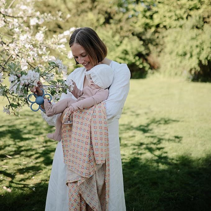 mushie Muslin Baby Swaddle Blanket | 100% Organic Cotton (Happy Flowers Check)