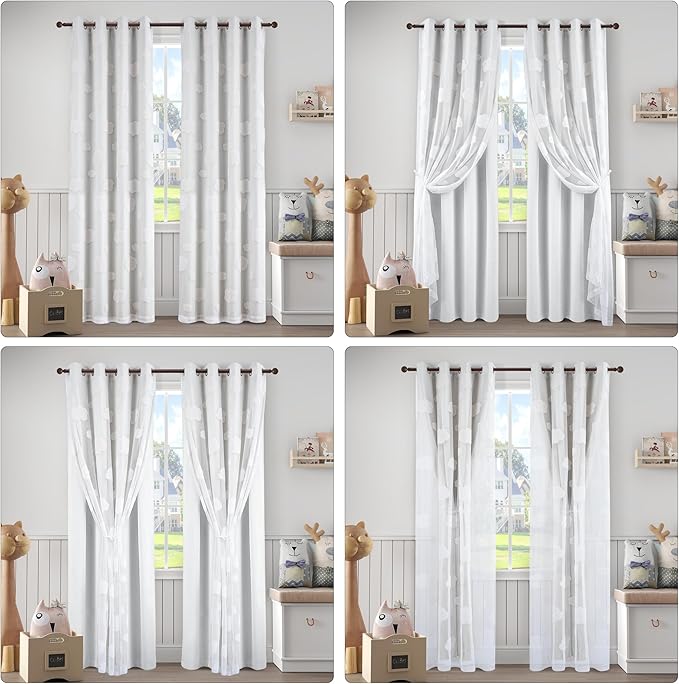 White Room Darkening Curtains for Bedroom 63 Inches Long Double Layer Kids Curtains with White Cloud Pattern Sheer Grommet Nursery Drapes 2 Panels Set, W52 x L63