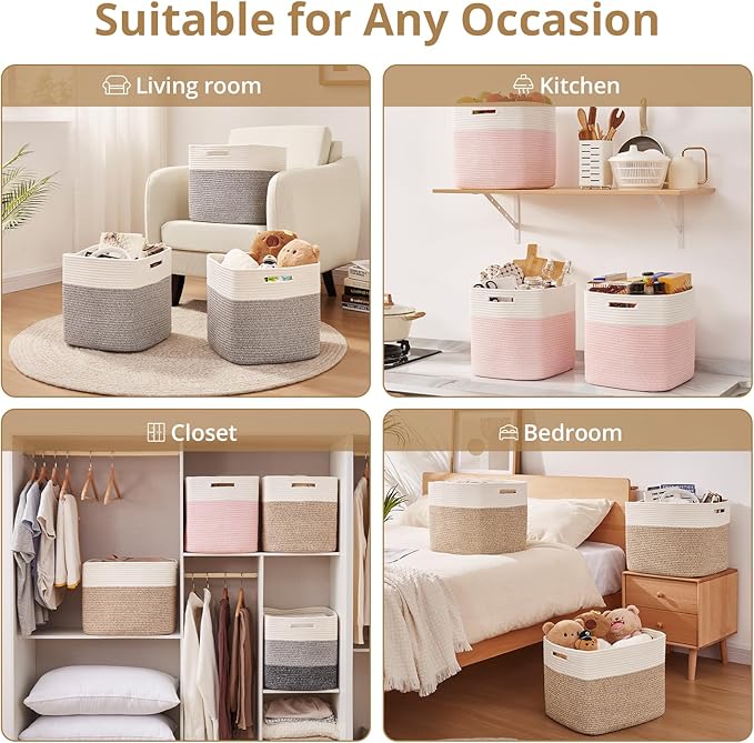 OIAHOMY 13 Kallax Inch Cube Storage Bins, 3-Pack Cotton Rope Woven Baskets for Organizing, Kallax Insert Storage Baskets for Shelves, Baby Nursery, Closet Organizer, 13*13*12.6IN, Pink & White