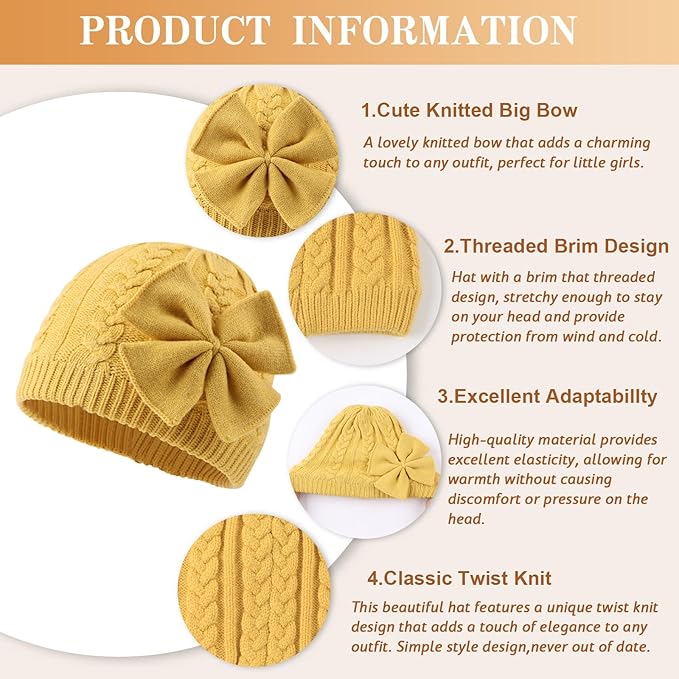 JANGANNSA Winter Warm Knitted Baby Hat for Girls Cotton Lined Infant Toddler Hat Autumn Cute Bow Classic Girls Beanie 0-6Y