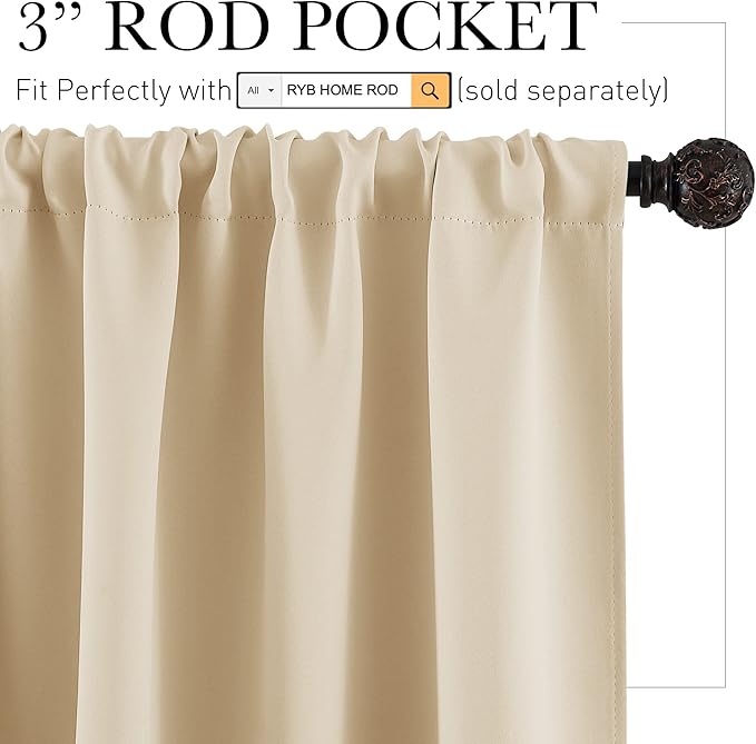 RYB HOME French Door Window Curtain Covering, Rod Pocket Thermal Insulated Privacy Non See Through Drapes for Bathroom Window, Width 29 by Length 45, Biscotti Beige, 2 Panels
