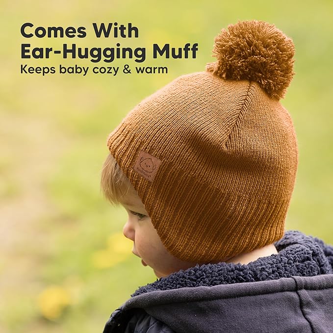 Baby Beanies, Baby Hats for Boys, Girls - Cute Toddler Winter Hat, Soft & Stretchy Beanies for Infant, Newborn 6-36 Months, Cozy & Warm with Earflap Muff & Pom (Latte)