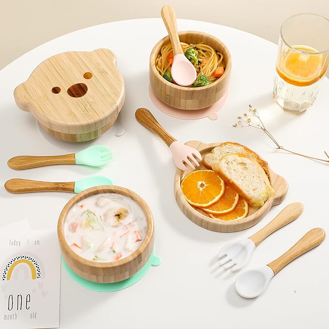 Baby Bowls with Lid,HBM Bamboo Suction Bowls for Baby and Spoon Set,3PC Feeding Supplies Set for Infant, Toddlers,Detachable Silicone Suction Stay Put Base for Wooden Bowl （Marble）