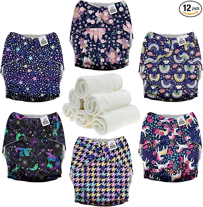 Mama Koala 3.0 Cloth Diapers for Babies with AWJ Lining, 6 Pack with 6 Natural Cloth Diaper Inserts - Reusable and Washable Pocket Diapers (Beautiful Fairy Tale)