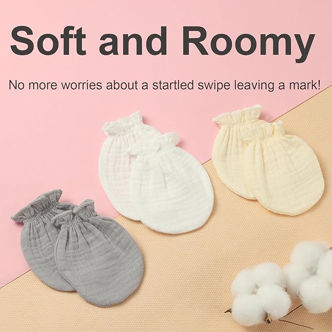 MOMSMENU Newborn Mittens No Scratch 100% Cotton Mitts Boy Girl baby mittens 0-6 months 6 Pack