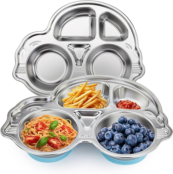 Stainless Steel Baby Suction Plates: Divided Plates Designed for Babies and Toddlers, Made of 100% Food-Grade Materials Ideal for Baby-Led Weaning BPA-Free Toddler Feeding Dishwasher Safe Blue