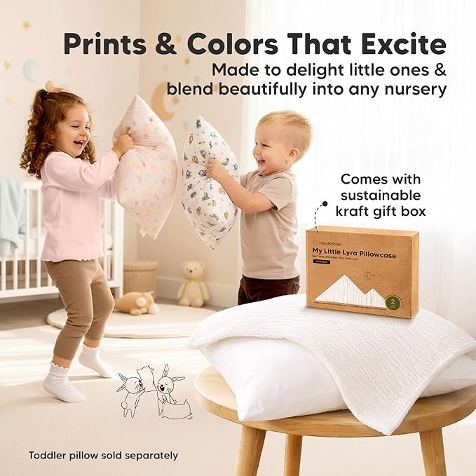 KeaBabies Muslin Toddler Pillowcase 13x18 Only – 2-Pack Organic Cotton Muslin Pillow Case for Kids, Girls, Boys, Small Travel Size Cover, Soft & Breathable Toddler Pillow Sold Separately (Soft White)