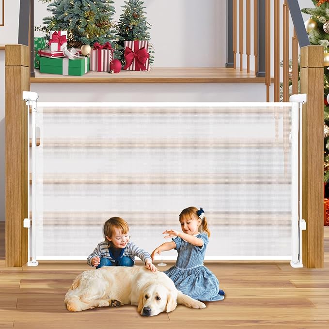 Retractable Baby Gates Dog Gate for Stairs, 55" Wide Mesh Baby Gate Pet Gate for The House, 34" Tall Child Safety Gates for Doorways, Hallways, Deck, Porch, Indoor, Outdoor
