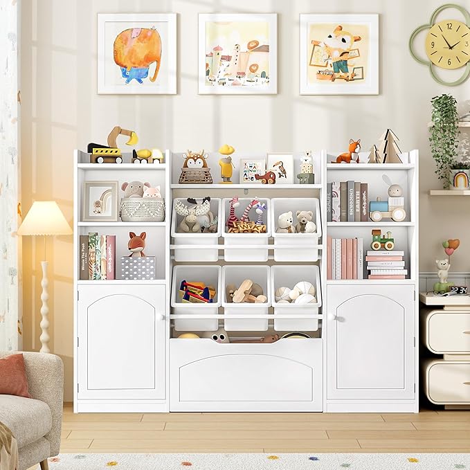 FINETONES 55” Toy Storage Organizer with Removable Bins, 5-in-1 Kids Bookshelf with Movable Chests and Book Shelves Behind The Doors, Toy Organizer Playroom with 6 Toy Bins and 8 Storage Cubes, White