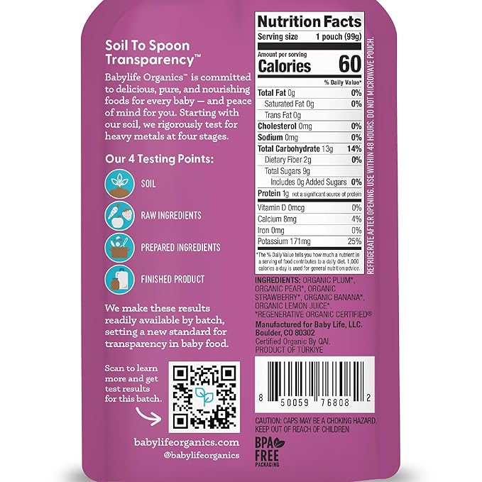 Babylife Organics Stage 2 - Plum, Pear, Strawberry & Banana, 3.5 Ounce Pouch (6 Pack) - Heavy Metal Safe, Organic Baby Food