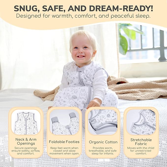 Mama Cheetah Toddler Sleep Sack with Feet 3T-4T, 0.5 TOG Organic Cotton Baby Wearable Blankets with Legs, Baby Sleeping Bag for Walkers, Early Walker Large