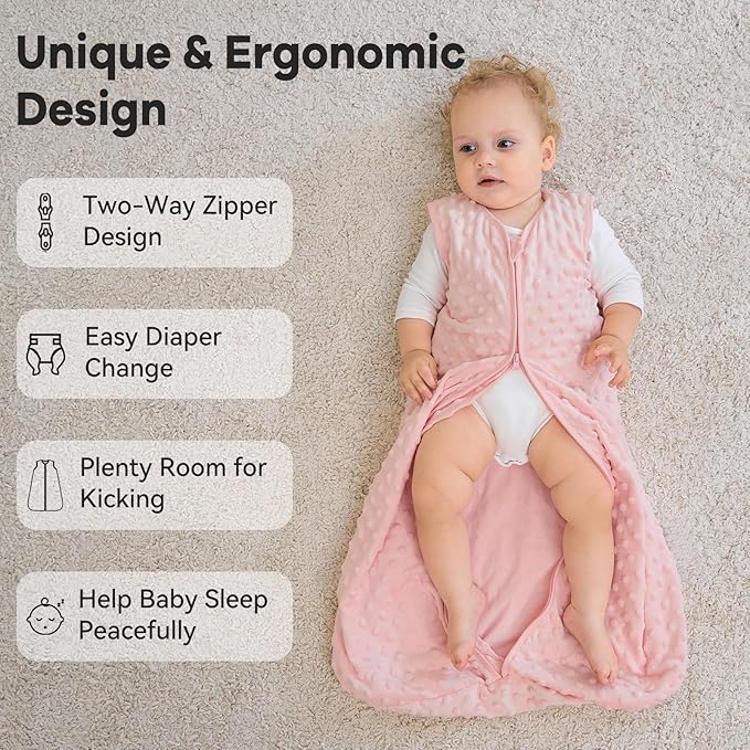 Fleece Baby Sleep Sack 12-18 Months with Plush Dots 1.5 Tog Baby Wearable Blanket with 2-Way Zipper Warm Sleeping Sack for Toddler Infant - Large, Pink