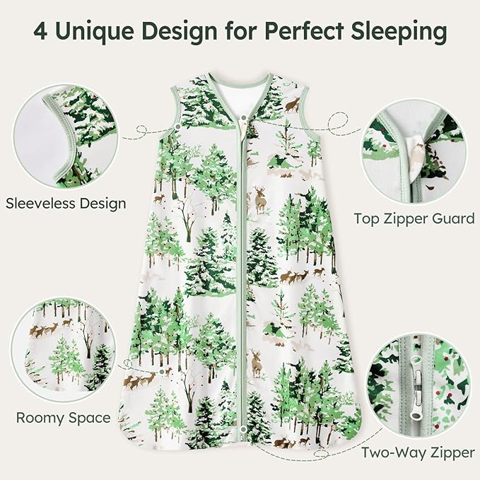 Baby Sleep Sack 6-12 Months 100% Cotton Lightweight 0.5 TOG Wearable Blanket Baby Sleep Bag with 2-Way Zipper for Newborn Infant Green Pine Tree