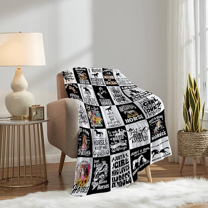 Horse Blanket for Boys Girls, Black White Kids Throw Blanket Gift for Child, Fluffy Cozy Soft Lightweight Blankets for Bed Office, 40x50 Inches