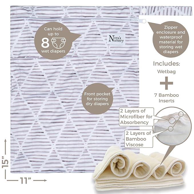 Nora's Nursery Cloth Diapers 7 Pack with 7 Inserts & 1 Wet Bag - Waterproof Cover, Washable, Reusable & One Size Adjustable Pocket Diapers for Newborns and Toddlers - Winter White