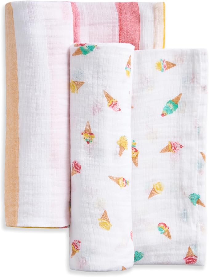 aden + anais Essentials Cotton Muslin Swaddle, Breathable Baby Blanket, Ideal for Boys, Girls, Newborns, Babies & Infants, Receiving Blanket, Soft and Lightweight Wrap, 2 Pack, Ice Cream Dreams