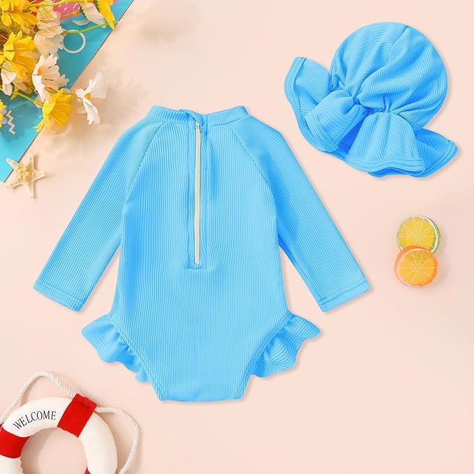 YOUNGER TREE Infant Baby Girls Swimsuit Long Sleeve Swimsuits One Piece Swimsuit Solid Color Bathing Suit with Hat, UPF 50+