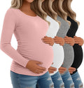 Riyiper 4 Pack Women's Maternity Shirts, Long Sleeve Cotton Ribbed Pregnancy Tee Top Crewneck Side Ruched Casual Mama Clothes