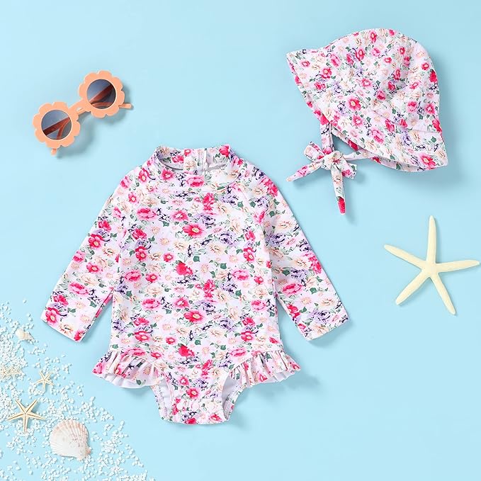 Infant Baby Girl Swimsuit One-Piece Long Sleeve Rash Guard with Hat Set Floral Zipper Bathing Suit Leopard Beach Wear