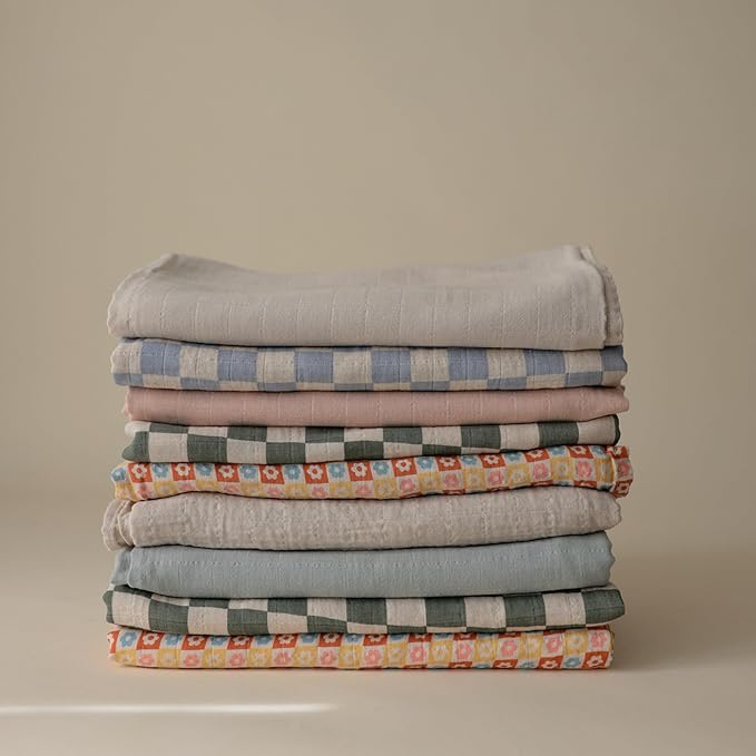 mushie Muslin Baby Swaddle Blanket | 100% Organic Cotton (Blue Check)