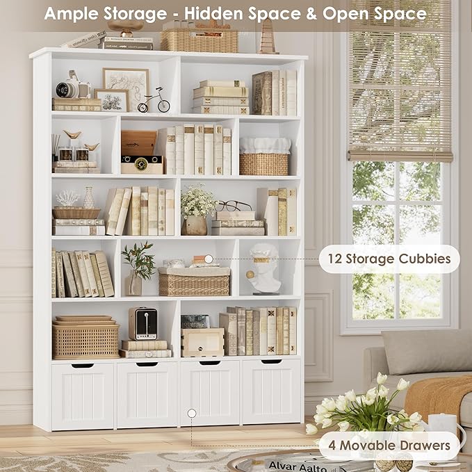 FINETONES 69" H Toy Storage Organizer, 6 Tier Tall Kids Bookshelf with 4 Movable Drawers and 12 Storage Cubbies, 49.4" W Toy Organizers and Storage Organizer Playroom Storage for Kids Room