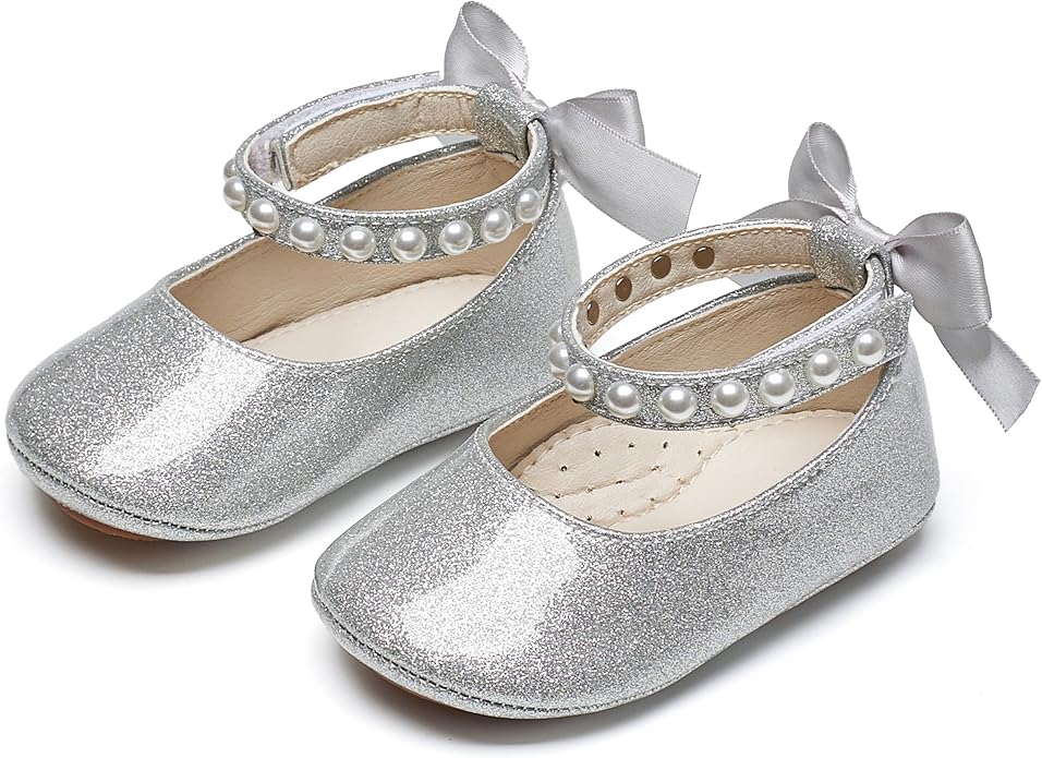 Baby Girls Mary Jane Flats - Infant Newborn Walking Shoes Soft Rubber Sole Princess Wedding