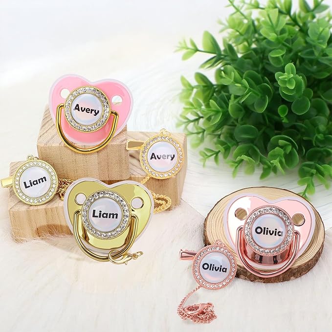Customized Pacifier with Name, Personalized Pacifier Clip Set with Gift Box, Glitter Crystal Luxury Bling Soother Dummy, Ideal Gift for Girls Baby Shower Newborn Photography(Red)