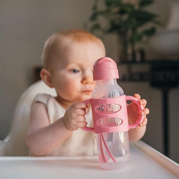 Dr. Brown's Milestones Narrow Sippy Straw Bottle, Spill-Proof with 100% Silicone Handles and Weighted Straw, 8 oz/250 mL, Pink, 6m+ (Pack of 2)