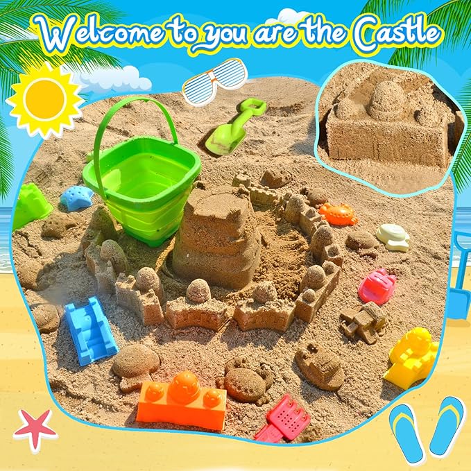 Collapsible Beach Sand Toys for Kids Toddlers,Travel Beach Toys with 3 Collapsible Sand Buckets,Shovels,Mesh Bags,Sand Molds,Castle Toys for Beach, Age 18+ Month