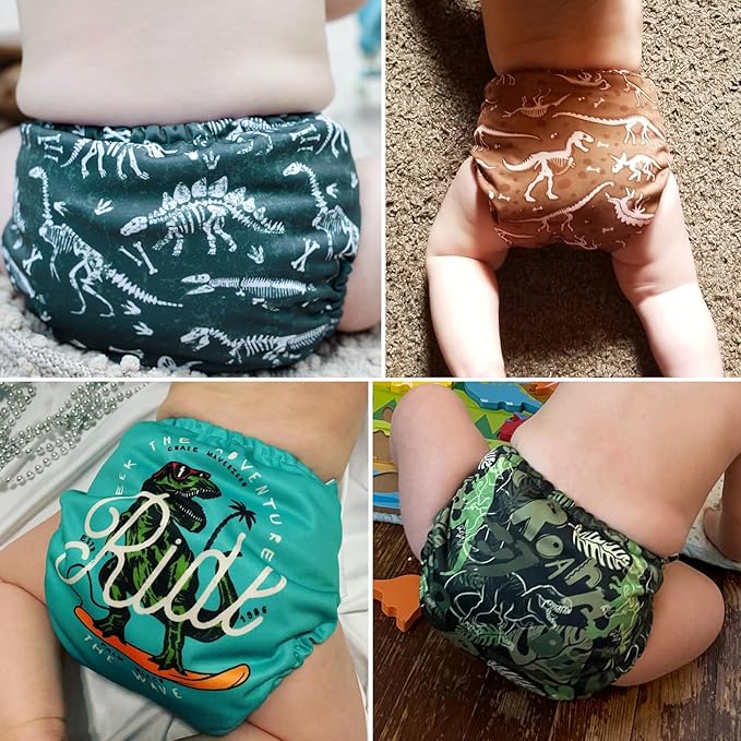 Mama Koala 3.0 Pocket Cloth Diapers for Babies with AWJ Lining, 6 Pack with 6 5-Layer Natural Cloth Diaper Inserts - Reusable and Washable Pocket Diapers(A-It's Dinosaurs)