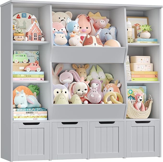 FINETONES Toy Organizers and Storage with 4 Movable Drawers, Large Toy Storage Organizer with 8 Open Storage Cubbies, Kids Bookshelf and Toy Storage with Hidden Wheels for Playroom, Kids Room,Grey