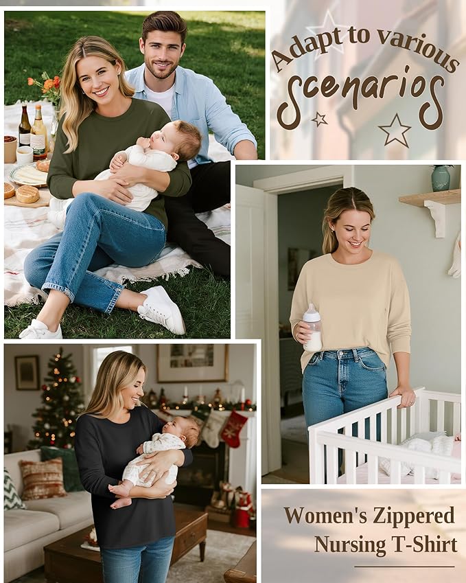 3 Pack Women's Nursing Breastfeeding Tops, Long Sleeve Maternity Shirts Oversize Hidden Zipper Pregnancy Clothes