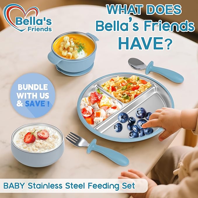 Stainless Steel Toddler Plates Silicone Suction,3 Packs Non-Slip Baby Plates,Divided Portion,Food-Grade Silicone Plate for Kids,LEAD-FREE Dishwasher Safe,Blue Mint Green Grey