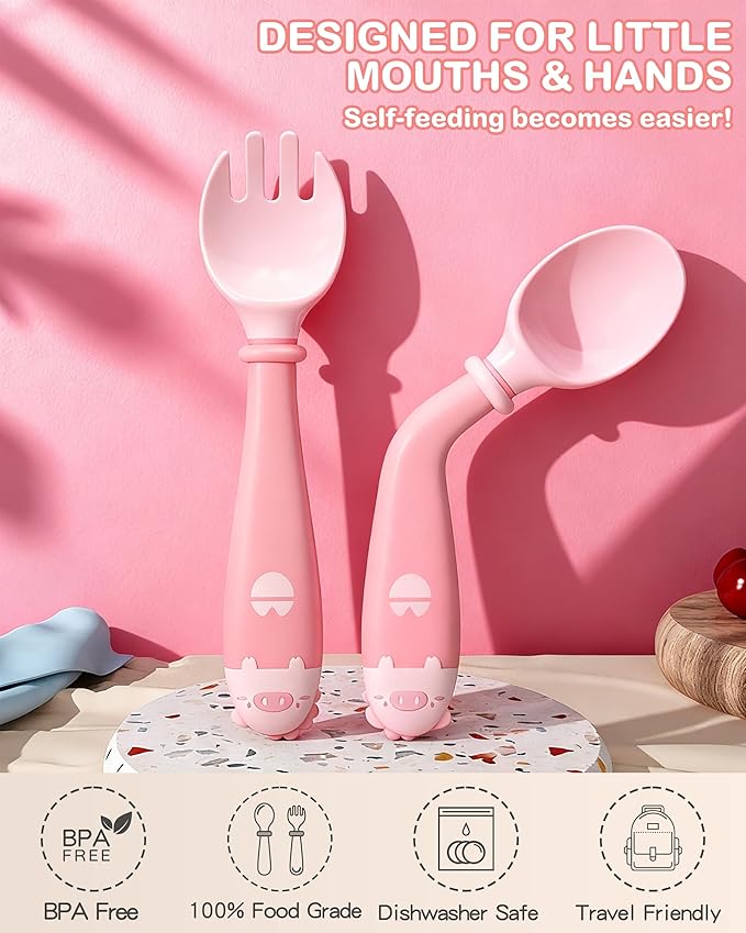 Deejoy Toddler Utensils with Travel Case, Baby Spoons and Forks Set for Self Feeding, Silicone Bendable Handle, Easy Grip Heat-Resistant, Self-feeding Flatware Sets for Kids (Stage 2) Pink