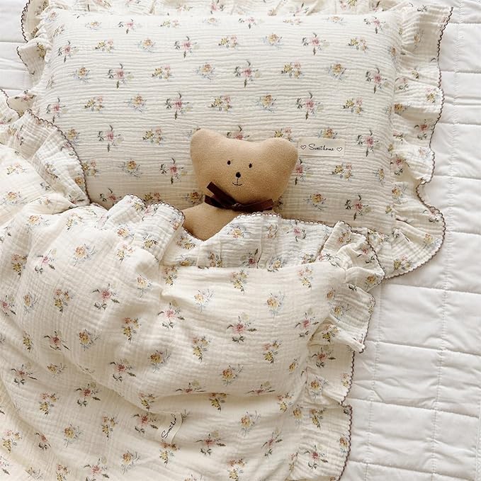 AOJIM Muslin Cotton Kids Pillowcase with Azalea Patterns, Lightweigth Soft Crib Nursery Pillowcase 1PC for Boys Girls, Print Toddler Bedding for Room Decor, Machine Washable, 26x20 Inches