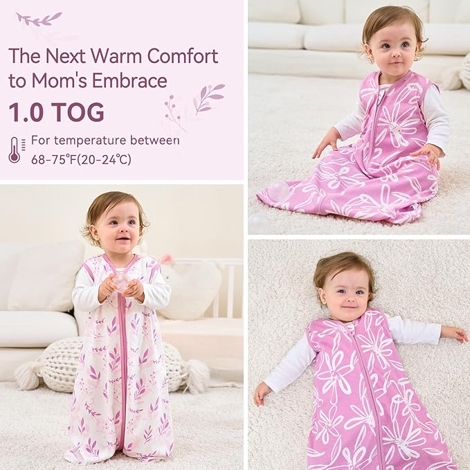 Baby Sleep Sack 12-18 Months 1.0 Tog Baby Wearable Blanket 100% Cotton Sleeping Sack with 2-Way Zipper for Toddler Infant Purple Leaf