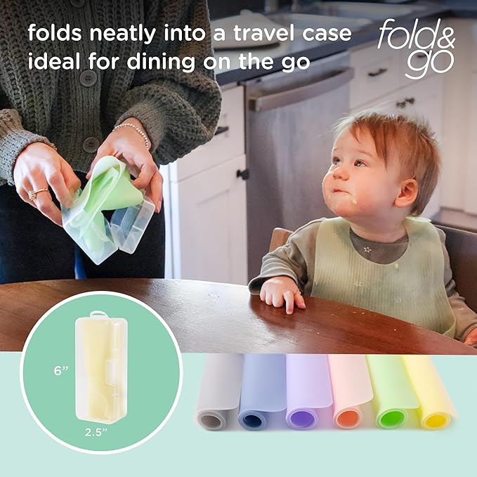 Olababy Fold N Go Silicone Placemat w Travel Case | Dishwasher Safe, BPA Free, Non-Slip, Waterproof | Mini Dining Mat for Infants, Babies, Toddlers and Kids (2, Blueberry/Pearl)