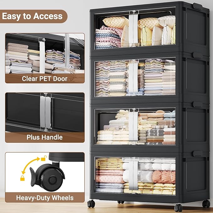 BROVIEW 160QT Stackable Storage Bins with Lids, 40Gal Extra Large Collapsible Storage Box with Wheel, Plastic Storages with Clear Door Open Front for Home Kitchen Garage, Black-1pack