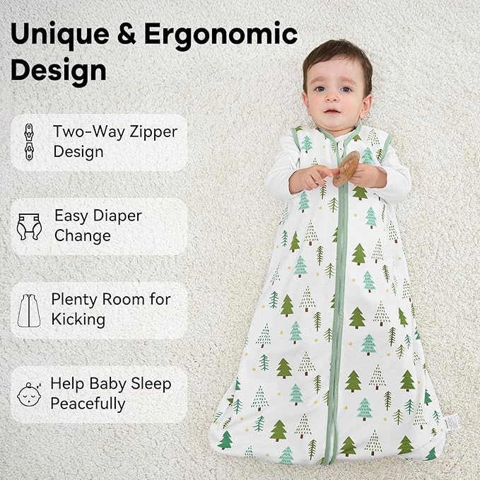 Baby Sleep Sack 12-18 Months 1.0 Tog Baby Wearable Blanket 100% Cotton Sleeping Sack with 2-Way Zipper for Toddler Infant Green Tree