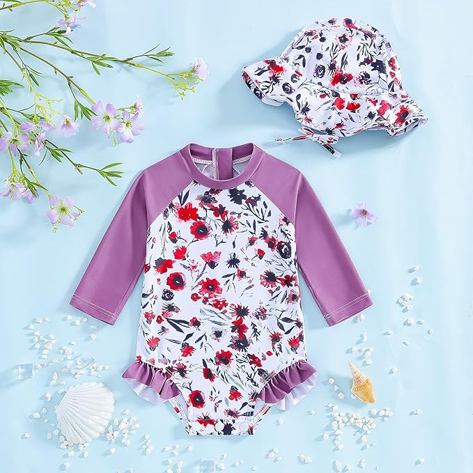 WOLBAY Baby Girl Swimsuit Long Sleeve One Piece Rash Guard with Sun Hat Zipper Bathing Suit Size 0-2T
