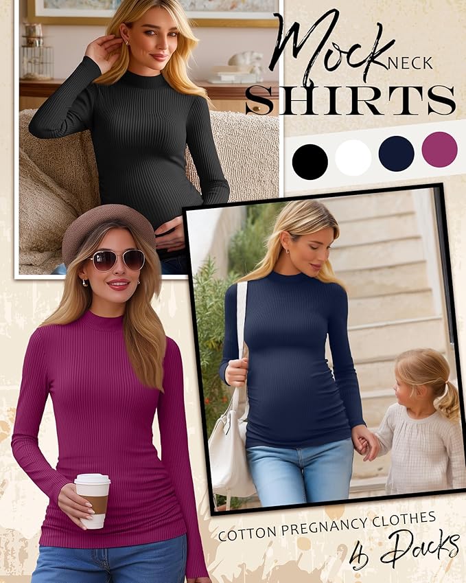 4 Packs Womens Maternity Shirts Long Sleeve Cotton Ribbed Pregnancy Mock Neck Side Ruched Workout Tops for Mama