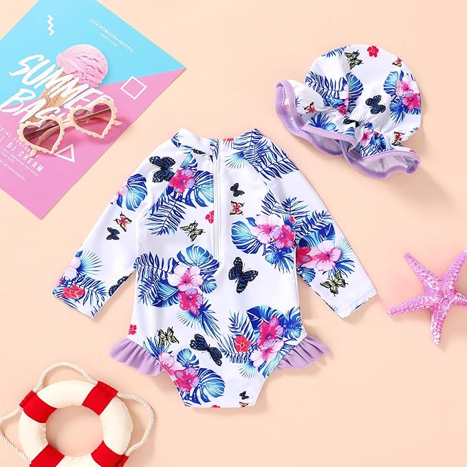 Infant Baby Girl Swimsuit One-Piece Long Sleeve Rash Guard with Hat Set Floral Zipper Bathing Suit Leopard Beach Wear