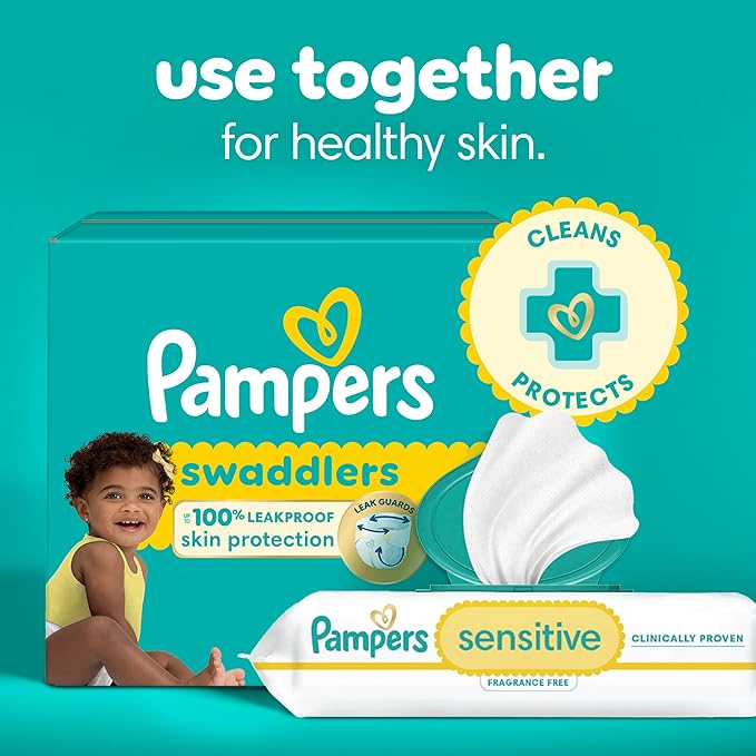 Pampers Baby Wipes Sensitive, Water Based Wipes, Hypoallergenic and Unscented Wipes, 192 Wipes Total (3 Refill Packs)