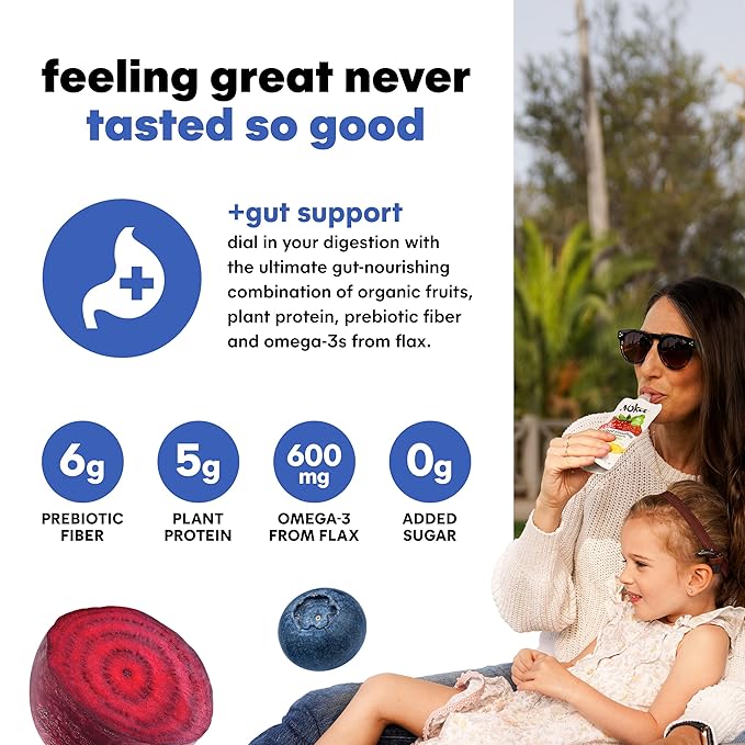 Noka Superfood Smoothie Pouches (Blueberry Beet) 4 Pack, with Plant Protein, Prebiotic Fiber & Flax Seed, Organic, Gluten Free, Vegan, Healthy Fruit Squeeze Snack Pack, 4.22oz Each