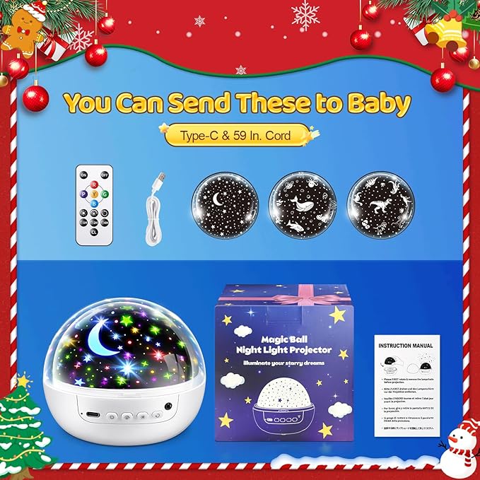COOLNIGHT Boy Room Decor, 93 Lighting+3 Films Toddler Room Decor, Remote+Dimmable+360° Slient Nightlight for Baby Nursery, Starry Night Light Up Toys, Moon Projector (White)