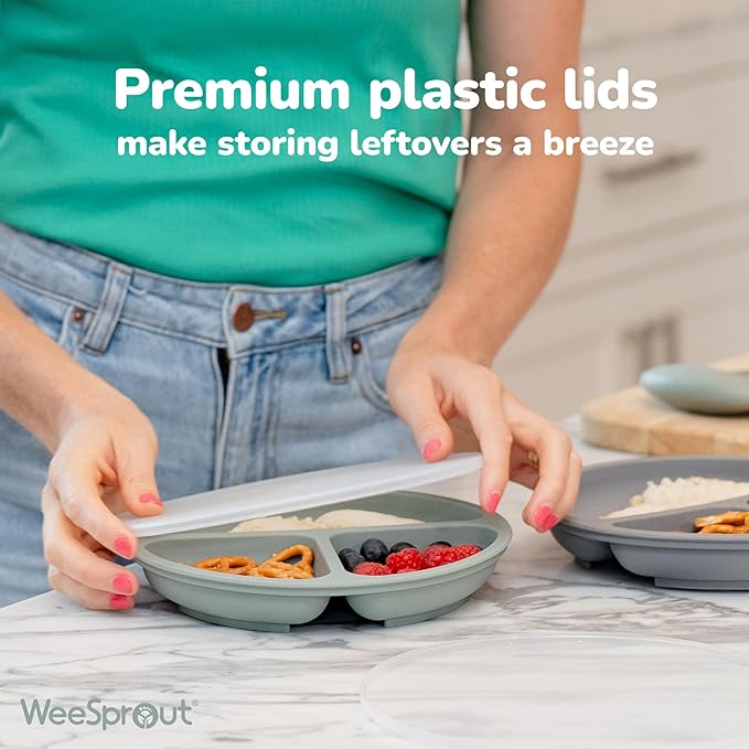 WeeSprout Silicone Divided Plates (With Lids), 100% Food Grade, Toddler & Kids Plates, Dishwasher & Microwave Safe