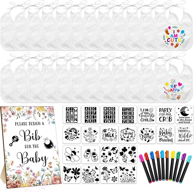 Newwiee 55 Pcs White Bibs for Baby Decorating Design a Bib Decorate Plain newborns Bibs Wooden Sign for Baby Shower Games Kit